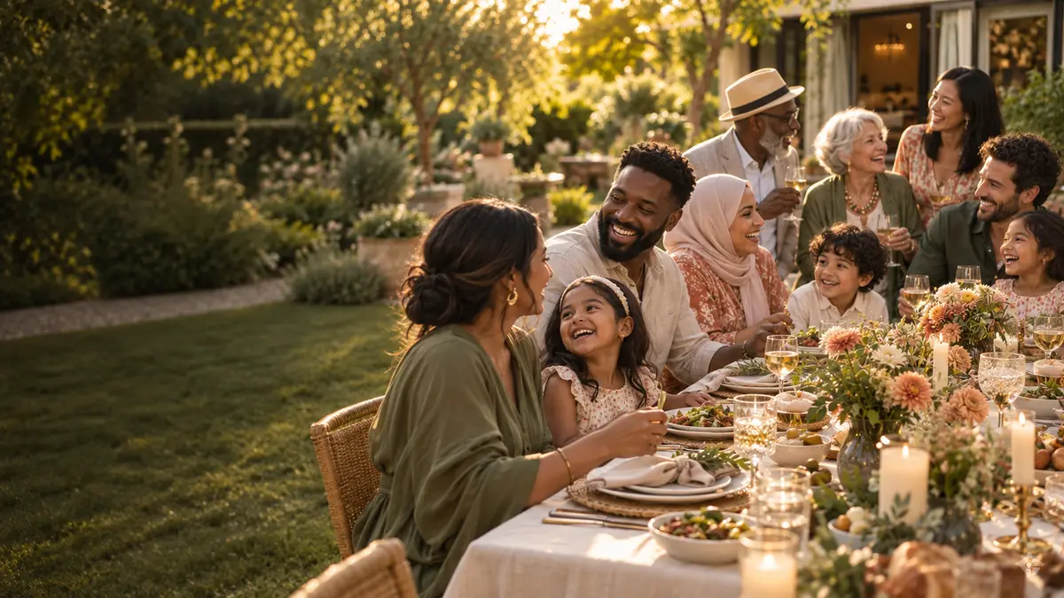 A diverse group of family and friends enjoying a garden celebration together